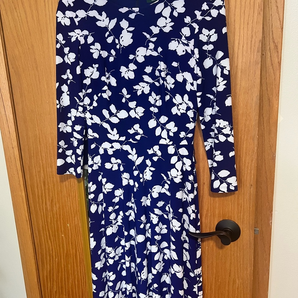 Ralph Lauren Navy and White Floral Long-Sleeve Midi Dress